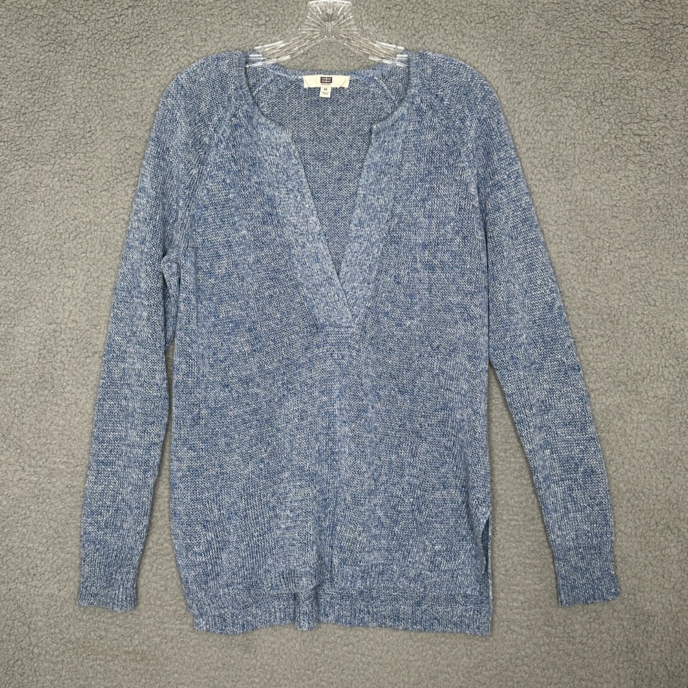 Etcetera Linen Pullover Sweater M Blue Slub Knit V Neck Raglan Sleeve‎ Casual